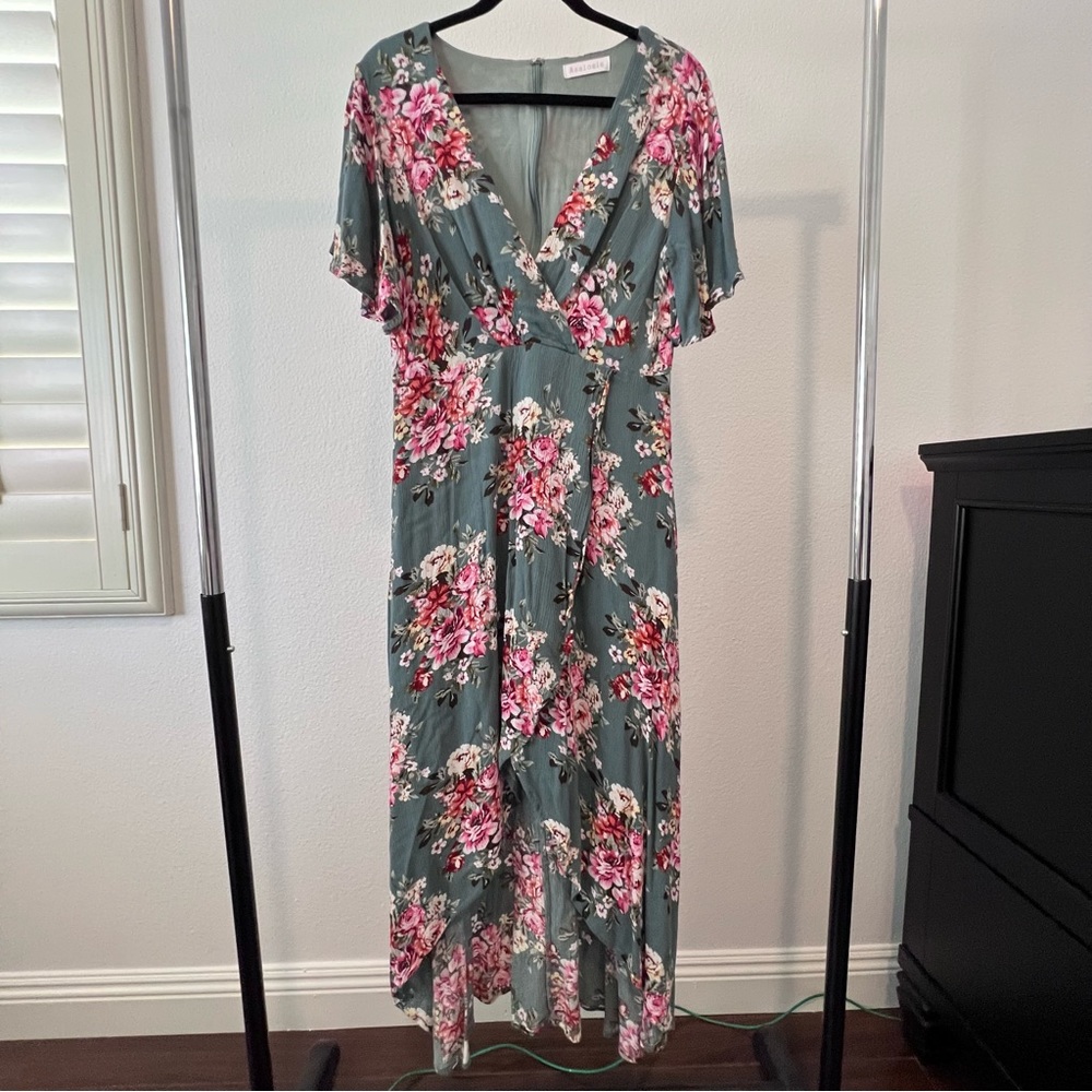 [Azalosie] Teal faux wrap dress with floral print